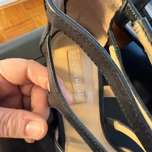 Antonio Melani Black Leather Cage Block Heel Sandals Women’s 7.5 - Picture 3 of 11